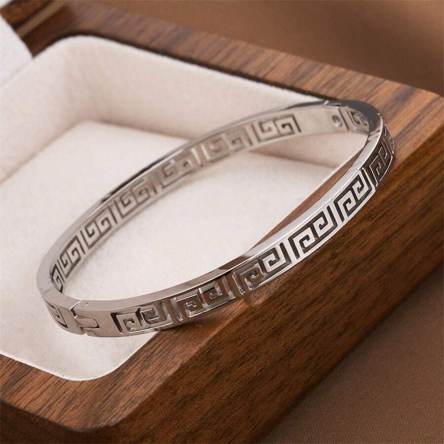 Greek Key Meander Bracelet Silver Anniversary GIFT For Wife Women Friend Mother Girlfriend Fiance Graduation Eternity Bangle Present For Her HANDMADE 12mm Gold Silver Greek Key Pattern Jewelry