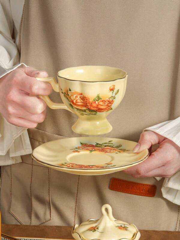 1 Pc Ceramic Coffee Cup & Saucer Set, Korean Style Pastel Yellow Color With Rose Floral Pattern, Suitable For Home, Hotel, Cafe, And Office Use Back To School