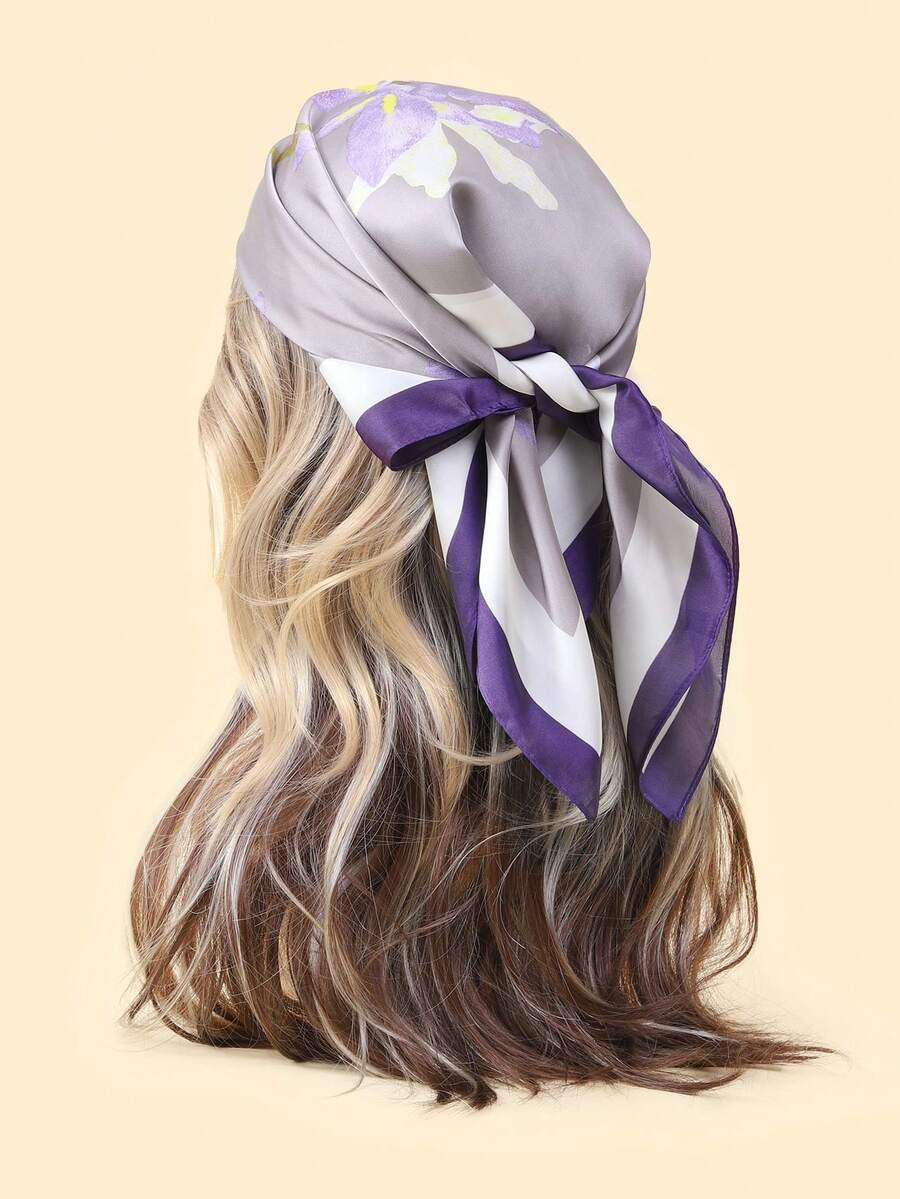 1pc Elegant Versatile Imitation Silk Scarf, Purple Orchid Pattern - Violet Purple - View 1