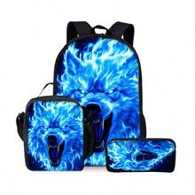 Wolf Pattern Printed Backpack Three Pieces Set (Single-Layer Backpack + Shoulder Strap Lunch Bag + Single-Layer Pencil Bag) Bag For School College - Black - View 9