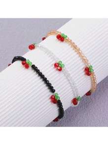 3pcs/Set Colorful Glass Beaded Cherry Blossom Elastic Bracelets, Crystal Cherry Bracelet Set