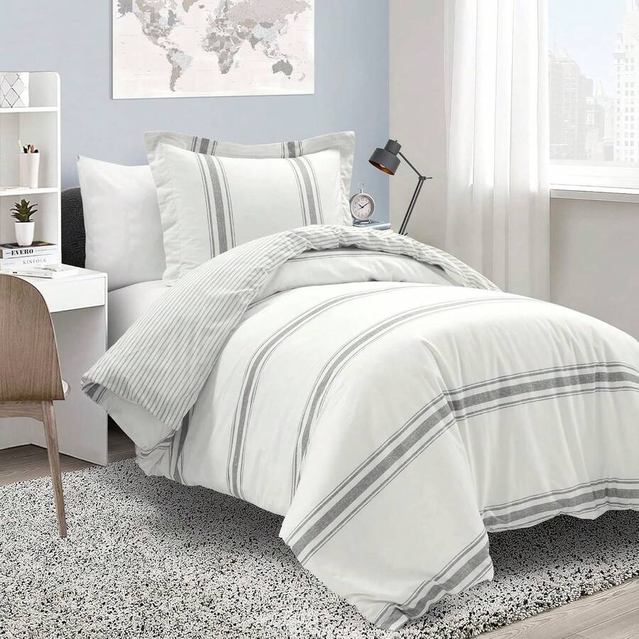 Farmhouse Stripe Reversible Cotton Duvet Cover Set, 2 Piece Set, Twin XL, Navy - Twin Bedding Set - Dorm Decor - Striped Duvet Cover For Kids Or Teens - Farmhouse Bedroom Decor - Dark Gray - 查看 1