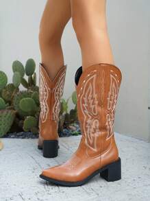 Women's All Season Fashion Embroidered Leather Cowboy Boots, Maillard Brown Pointed Toe Chunky Heel Knee High Boots, Chic Punk Style Chelsea Boots, Outdoor Casual Fashion Riding Boots