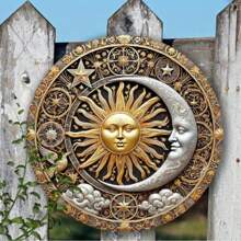 1 Peça, Placa Redonda de Ferro com Tema Sol e Lua, 20cm X 20cm, Decoração Interna e Externa, Decoração de Guirlanda, Adequado para Casa, Bar, Garagem, Cafeteria e Arte de Porta e Parede, Presente de Feriado, Suprimentos Decorativos de Estilo Rústico