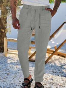 Men's Breathable Linen Pants Solid Color Drawstring Waist Casual Straight Leg Trousers For Summer - Grey - View 3