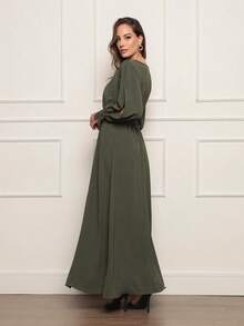 FASHION MIX PREMIUM Elegant Long Dress With Slit Long Sleeves With Tie With V-Neckline And Waist Adjustment Plus Size Women's Fits 38 To 44 - 軍綠色 - 查看 7