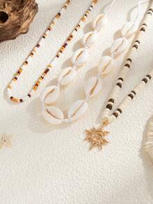 3pcs/Set Men's Retro Boho Style Shell Beaded Necklace, Creative Fashion Metal Spiral Sun Pendant Multi-Layered Necklace, Suitable For Daily And Beach Holiday Wear