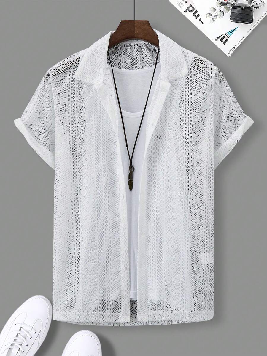 Áo sơ mi nam tay ngắn thường ngày rỗng cho kỳ nghỉ hè (Họa tiết hoa ngẫu nhiên) - trắng - Xem 1