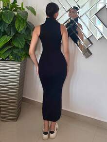 Andrea Bello Minimalist Commute Young Street Wear Gray High Collar Turtleneck Sleeveless Fitted H-Line Extra Long Women Sweater Dress - Black - View 7