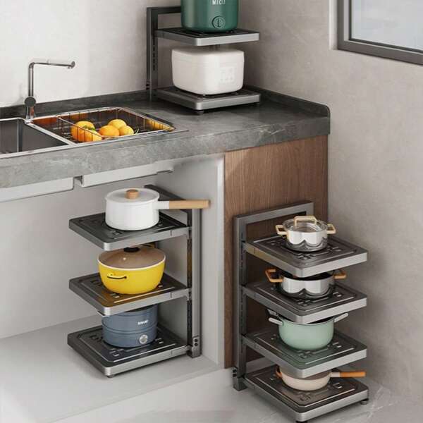 1 pieza Estante organizador de cocina, Soporte de almacenamiento ajustable de varias capas montado en la pared, se adapta al gabinete del fregadero o a espacios estrechos, decoración del hogar, almacenamiento para fiestas y Navidad