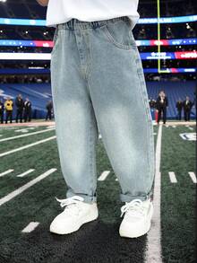 Young Boy Cartoon Embroidery Loose Fit Casual Jeans Pants, All Season