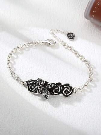 1 pieza Pulsera de plata de ley 925 estilo vintage con diseño de mariposa y rosa, apta para uso diario de mujeres