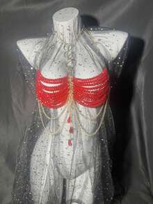 1Pc Sexy, Fashionable, High-End Diamond Studded Chest Chain, Top Chain, Wedding Dress, Nightclub Party Jewelry Nightclub Sparkling Mesh Tassel Artificial Crystal Bra Chain Exquisite Fashion Pendant Body Chain Jewelry Accessories - Red - View 3