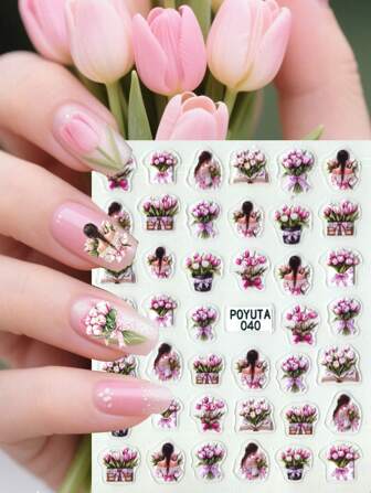 1 pièce Autocollants d'art pour ongles avec tulipes roses, design floral élégant avec tulipes roses, thème botanique, touches de paillettes, forme asymétrique, sans parfum, cadeau parfait pour les femmes, les fêtes et les festivals