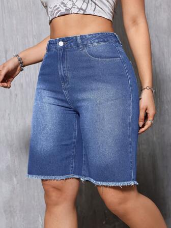 Women's Relaxed Distressed Hem Straight Leg Midi Denim Shorts