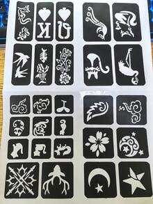 指甲花纹身模板闪光纹身模板女士女孩儿童绘图模板小可爱花朵星星卡通 1 件 - 黑與白 - 查看 1