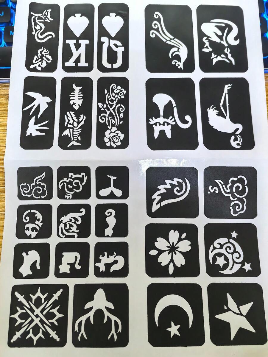 指甲花纹身模板闪光纹身模板女士女孩儿童绘图模板小可爱花朵星星卡通 1 件 - 黑與白 - 查看 1