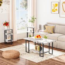 Artificial Imitation Marble Table Set, 1 Coffee Table And 2 Side Tables, Imitation Marble Tabletop And Metal Frame, 3 Table Sets, For Living Room Apartment, White And Black - Black and White - View 2