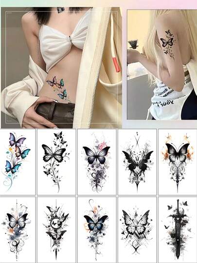 مجموعة 10 قطعة من الوشم المؤقت العصري والأنيق - تصميمات الفراشات الملونة للأزواج ، للاستخدام لمرة واحدة ، مقاوم للماء وغير لامع ، سهل التطبيق والإزالة ، بمظهر واقعي مثالي لذراع والقدم والساق المرأة ، إكسسوارات لا غنى عنها لحفلات الموسيقى والأفراح