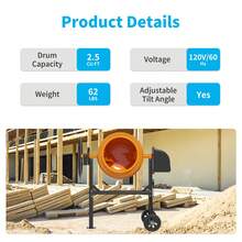 TABU 2.5 CU.FT(72L) Electric Concrete Mixer, Portable Cement Mixer, Mortar Mixing For Stucco/Seeds, Freestanding Cement Mixing Tools With Wheels For Stucco, Orange - US B Type Plug(110-127V) - View 5