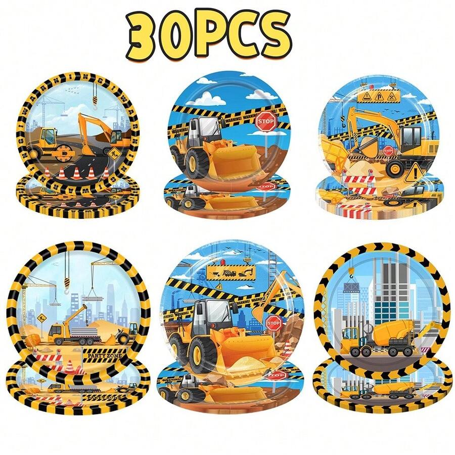 30pcs Construction Vehicle Theme Party Disposable Plates, 7&9 Inch Cartoon Building Print Design Plates, Suitable For Birthday, Theme Events, Festivals, Anniversaries, Daily Use And More - Multicolor - View 1