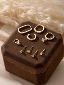 9 件方晶锆石耳环套装，包括耳钉、夹式耳环和吊坠耳环，适合日常佩戴、派对和所有季节 - 金黃色 - 查看 4