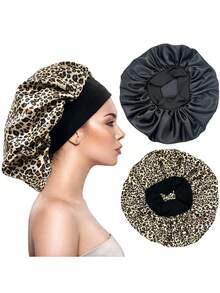 2 件宽边弹力睡帽，印花宽边睡帽，豹纹弹力圆帽，弹力圆帽女士护发帽，返校，旅行度假必需品，女士发饰 - 彩色 - 查看 2