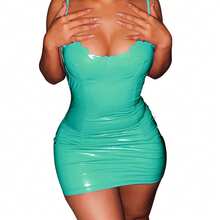 Women's Summer Spaghetti Strap Skinny Dress Solid Color Sleeveless Square Neck Zipper Latex Leather Mini Dress Metallic Shiny Bodycon Slim Fitted Club Dress - Green - View 2