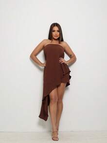 Women's Short Strapless Asymmetrical Casual Party Elegant Layered Dress - Rust Brown - View 1