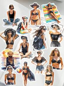 Set da 17 pezzi di adesivi estivi cartoni animati Sha Tin per bikini, resort, decorazione di album, planner giornalieri, diari, forniture scolastiche, back to school