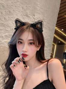 2 Peças Tiara de Orelha de Gato de Renda para Mulheres, Acessórios de Cosplay, Enfeite de Cabeça de Gatinho Fofo para Festa a Dois, Decoração de Cabelo para Festival de Halloween