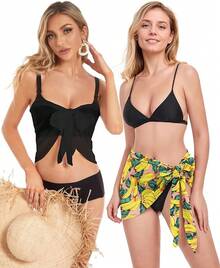 CHICGAL 2 Pieces Women Beach Sarong Bathing Suit Wrap Skirt Sheer Bikini Swimsuit Cover Ups Swimwear - 黑色和香蕉粉紅色 - 查看 6