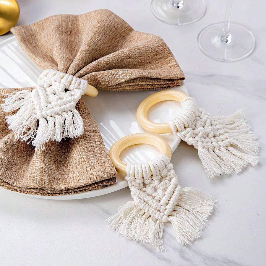 1-120 piezas Anillos de servilleta de cuerda de madera hechos a mano, Portaanillos de servilleta de madera rústica para decoración de mesa de comedor, Anillos de servilleta de estilo bohemio y de granja