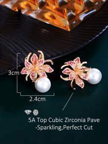 1 par de aretes de lujo con flores y perlas, joyería nupcial chapada en oro amarillo con CZ rosa roja para mujeres, accesorio para bodas, compromisos, banquetes y fiestas para novias, damitas de honor y madres