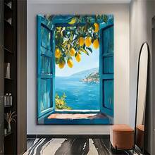 1幅地中海窗景墙画，海岸柠檬树印花帆布画，意大利海滨风景海报，蓝色美学装饰，适合卧室、客厅或公寓墙面装饰，送她的礼物，不含画框 - 彩色 - 查看 14