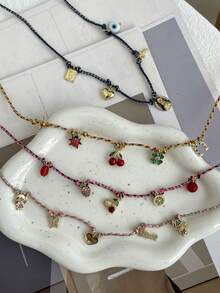 1件波西米亚风海洋灵感创意时尚优雅甜美奢华精致铜锆合金合成樱桃图案四叶草樱桃心形瓢虫编织项链，适合女性、姐妹、情侣、舞会佩戴，是母亲节、情人节、日常约会、派对、节日、夏季海滩旅行的完美礼物。 - 項鍊 - 查看 7