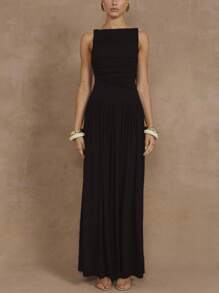 conciso Elegante ärmellose schwarze schlanke plissierte Damen Maxi Kleider mit Bootsausschnitt für Partys im Sommer