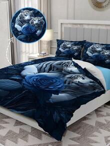 2/3件套羽绒被套床上用品，白虎玫瑰叶图案床罩套装，房间装饰，含1个羽绒被套和2个枕套，特大号床罩，床单，柔软亲肤涤纶，可机洗，干洗。适用于家居和卧室装饰，卧室装饰，房间装饰用品，爱狗人士的最佳礼物