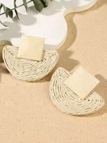 2pcs/Set Women's Fashion Boho Style Semi-Circle Wooden Rattan Handmade Hoop Drop Earrings, Suitable For Summer Beach, Seaside & Holiday Casual Wear