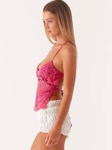 Women's Y2K Spaghetti Strap V-Neck Top With Bead Flower Patch Pattern Backless Cross Tie Up For Summer Vest Slim Fit Top - Orange - View 3