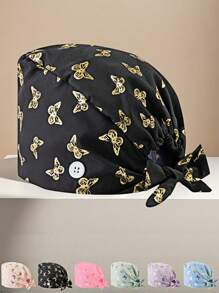 1 pieza Gorro de enfermera/Gorro quirúrgico con patrón de mariposa de laminado de algodón, antibacteriano y antipolvo, adecuado para enfermeras, esteticistas, personal de limpieza y otros profesionales médicos/de limpieza