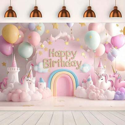 1개 유니콘 테마 생일 파티 핑크 배너 배경막, 폴리에스터 섬유로 제작, 창의적인 성 & 풍선 패턴, 다용도 대형 장식, 크기: 118.11 * 82.67 인치 / 82.67 * 59.05 인치 / 70.86 * 51.18 인치. 전기가 필요 없으며 케이크 테이블, 사진 스튜디오, 야외 축하 행사, 사진 배경, 휴일 사진 소품에 적합합니다.