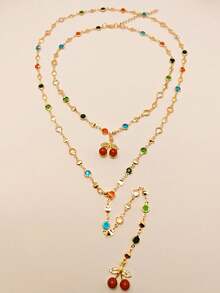 2 件红樱桃多层项链，新款珠宝波西米亚风/金/银圆形玻璃珠 Y 形长项链，吊坠项链适合派对、庆典、度假、夏季、海滩、礼物，随机水钻颜色 - 2pc櫻桃 - 查看 16