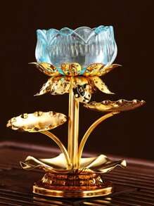 1pc, Elegant Crystal Lotus Candle Holder, Tabletop Religious Candlestick Decor, Alloy Butter Lotus Candlestick Ideal For Christmas, Easter, Thanksgiving, And More, Elegant Candle Holder, Candle Decor