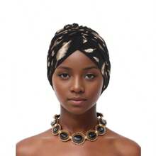 1PC Fashionable Versatile Feather Metallic Gold Print India-Style Head Wrap Turban, Cancer Chemo Hat For Hair Coverage