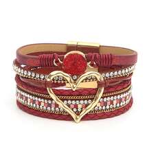 Bohemian PU Leather Wrap Bracelet With Magnetic Clasp Style Heart Charm Bracelet Everyday Wear-No Mosaic Material-All Seasons Easter Gift, Gold Color, For Women