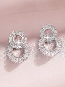 1 Conjunto/3 Peças Elegante Conjunto de Joias Geométricas Brancas Redondas com Pingente de Número Cúbico de Zircônia, Brincos e Colar para Mulheres, Presente de Noivado, Casamento e Festa
