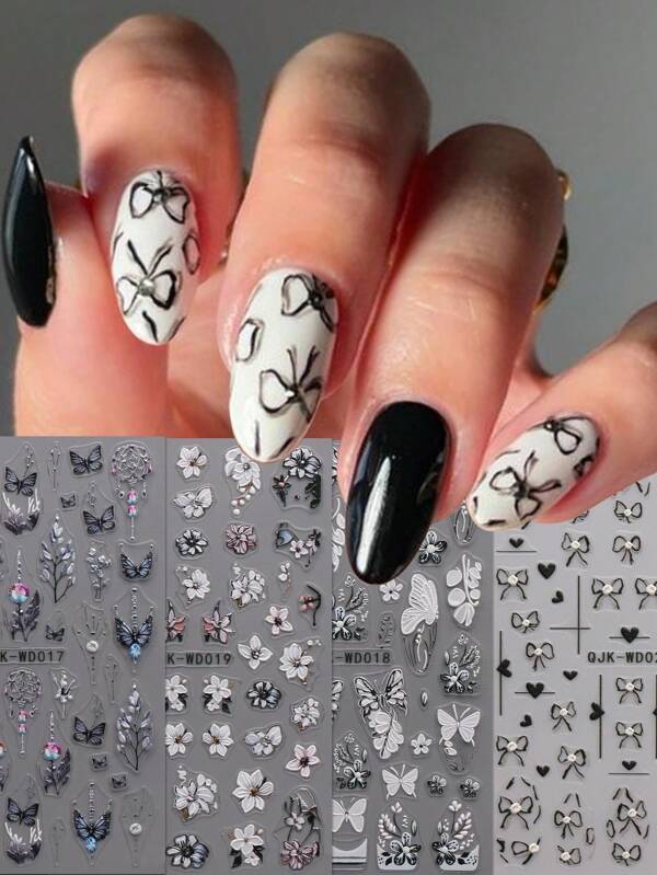 4 Pieces Of Bohemian Style Dark Flower Butterfly Relief Nail Art Stickers For Spring And Summer - Black, White, Blue, Pink Flowers, Vines, Leaves, Butterflies, Hearts, Bow Art Design, 5d Relief Craft, Suitable For Women's Disposable Self-Adhesive Back Adhesive Nail Art Stickers, Bohemian Style Dark Flower Theme Style, Easy To Stick Nail Decoration Stickers