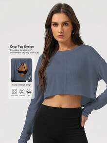 Sodalemon Women Training Sport Fitness Gym Hollow Out Back Loose Smock Shirt Crop Top Soft Long Sleeve Yoga T-Shirt