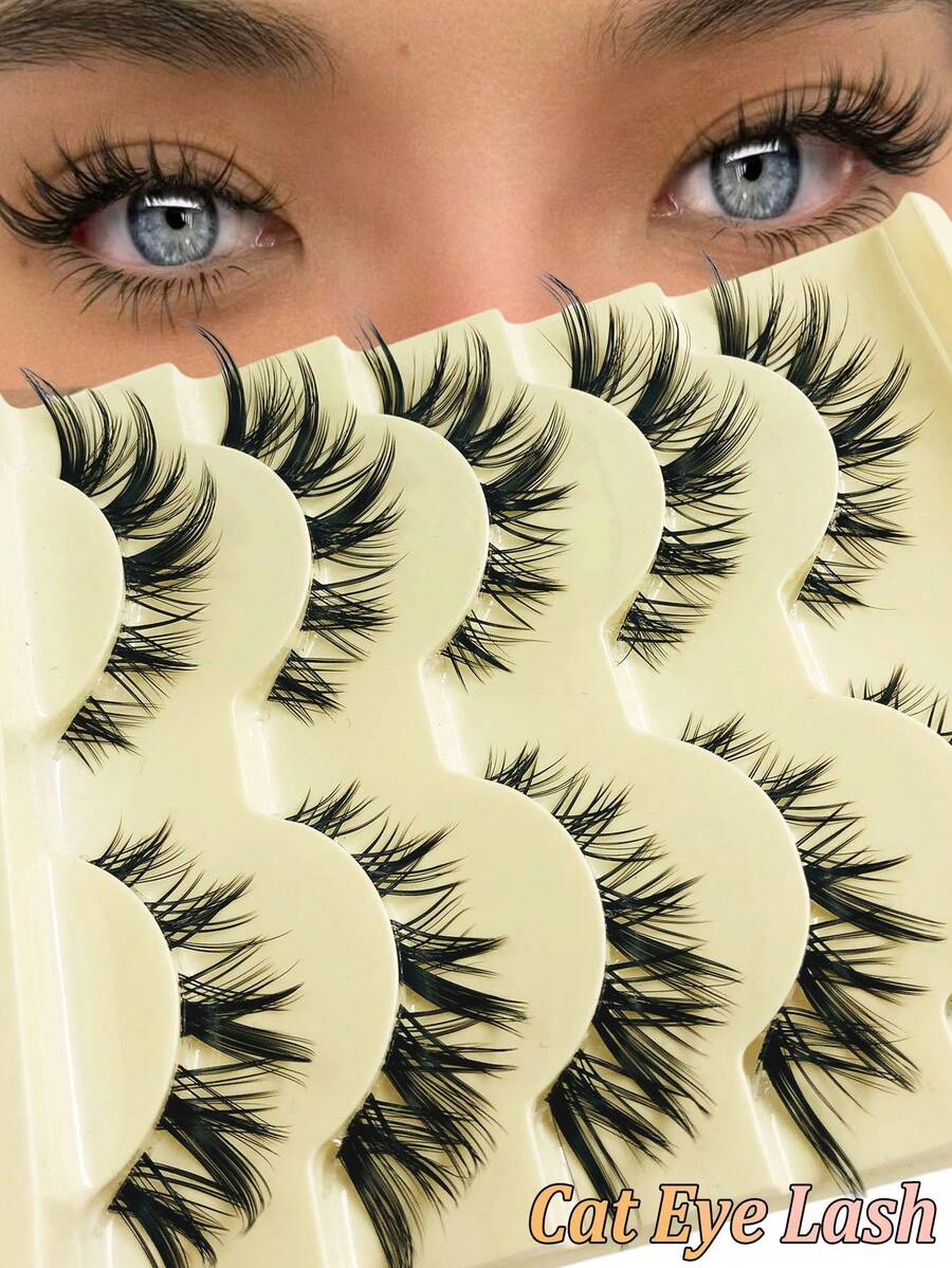 Asiteo 5 Pairs Cat Eye False Eyelashes, Natural Looking 3D Faux Mink Soft Anime Cosplay Thick False Eyelashes - 眼尾拉長款 - 查看 1